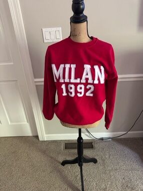 Anthropologie Red Crewneck Sweatshirt with White Milan 1992 Applique